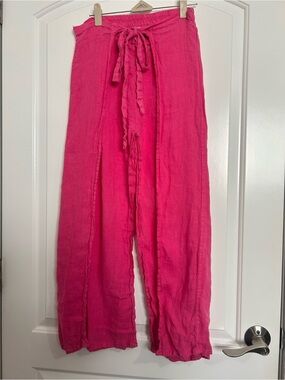 Pure Linen 100% Linen Pink Wide-Leg Pants Side Slit Size S beach boho vacation